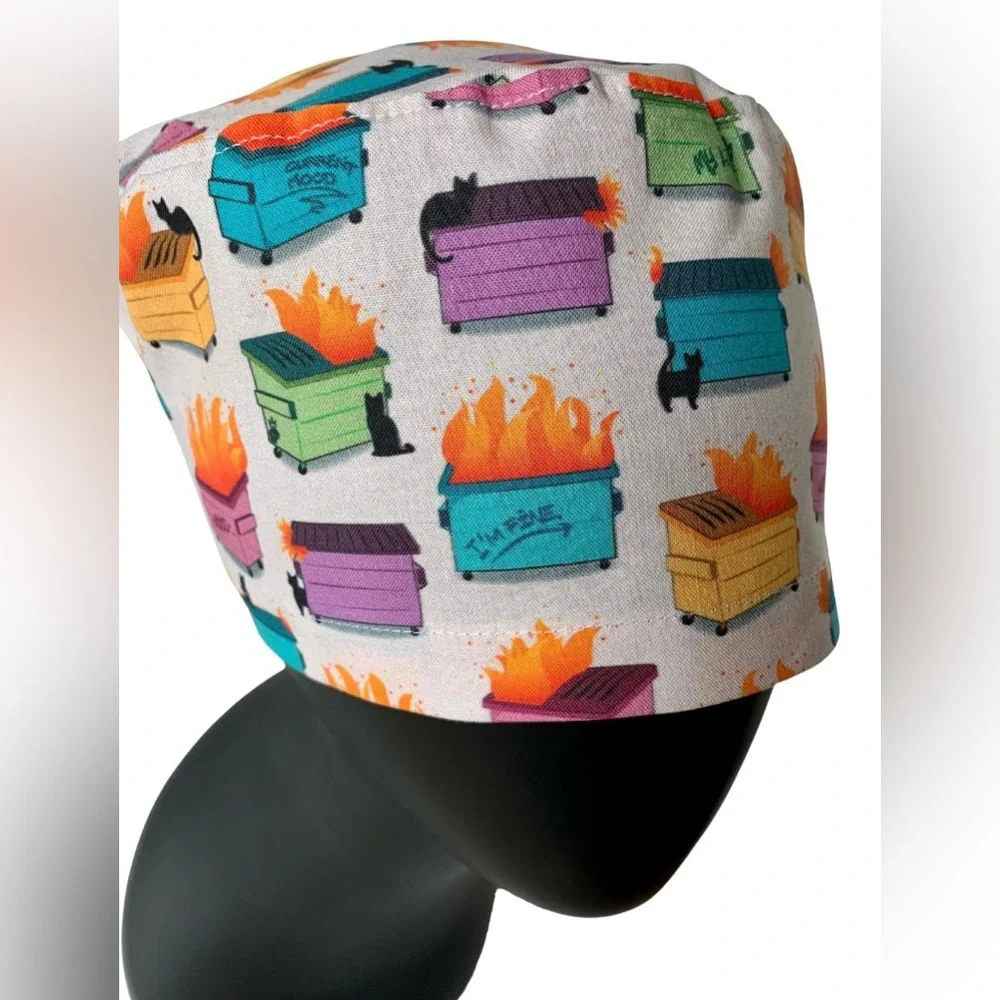 Dumpster Fire Surgical Scrub Cap - Cotton Euro Style for MEDIUM Length Hair - Picture 5 of 11